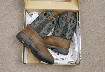 A pair of Georgia Boot Carbo-Tec FLX Waterproof Pull-on Men's Work Boots still in box