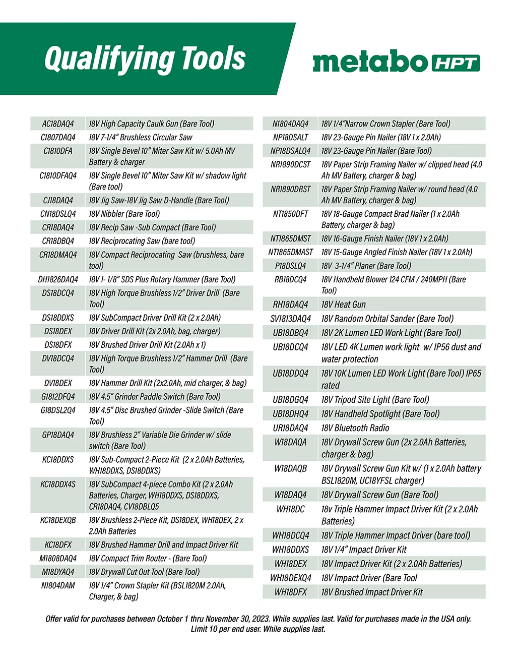 Qualifying Metabo HPT 18V Power Tools